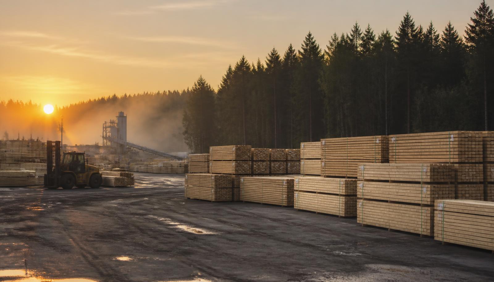 Sawn timber stacks at a Baltic sawmill