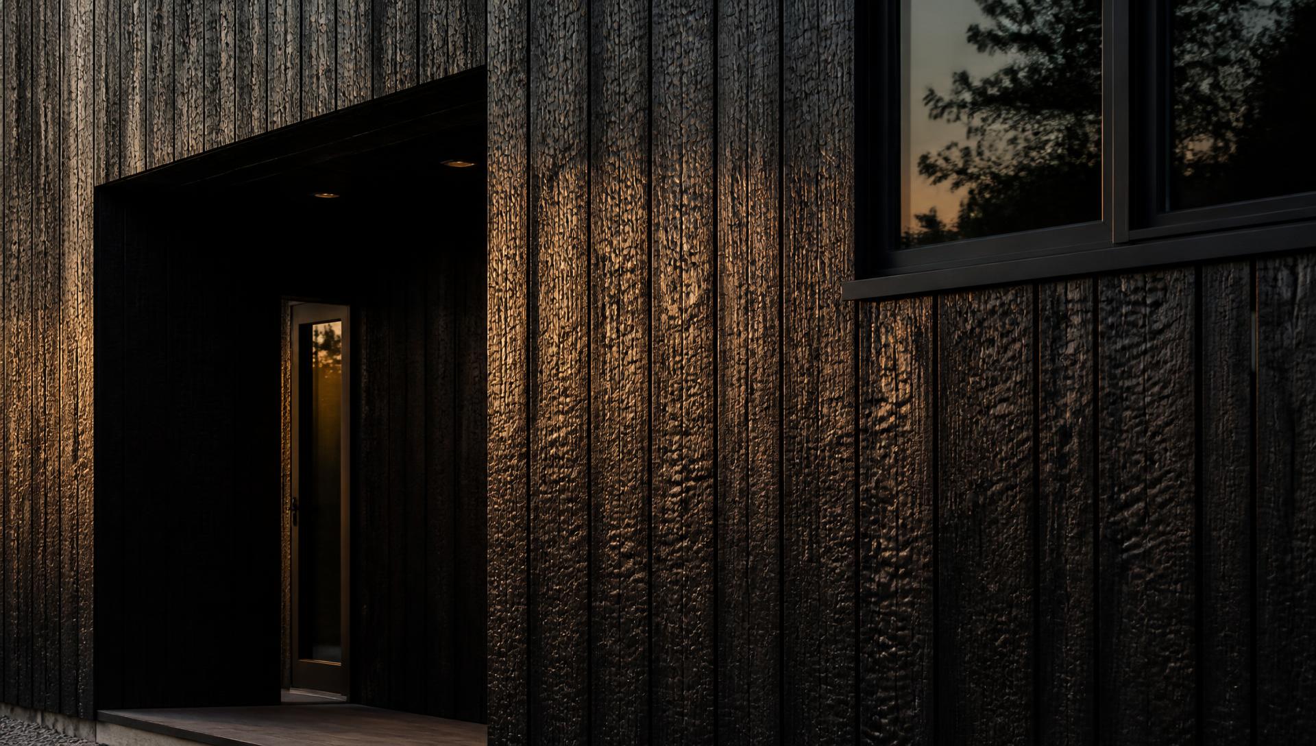 Charred Shou Sugi Ban timber cladding facade in warm evening light